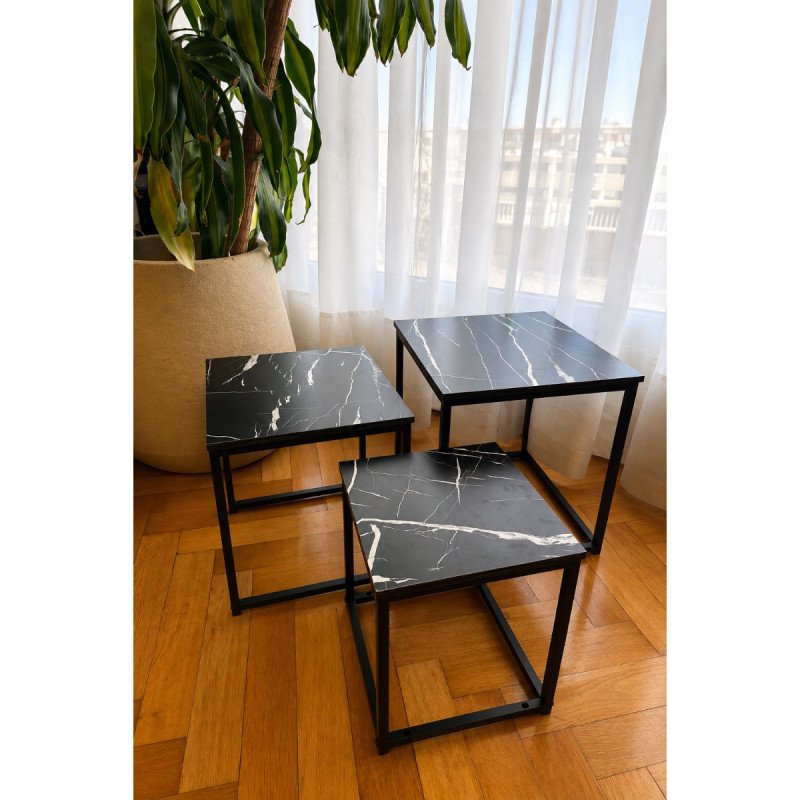 Set x3 Mesas Ratonas Mármol Negro Mayorista Deko Hogar