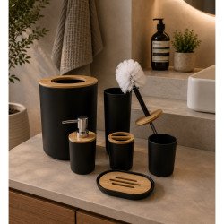 Set de Baño Aura x6 Negro y Bambú Mayorista | Deko Hogar