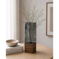 Jarrón Vidrio Negro Fumé y Madera 8x25 cm | Deko Hogar